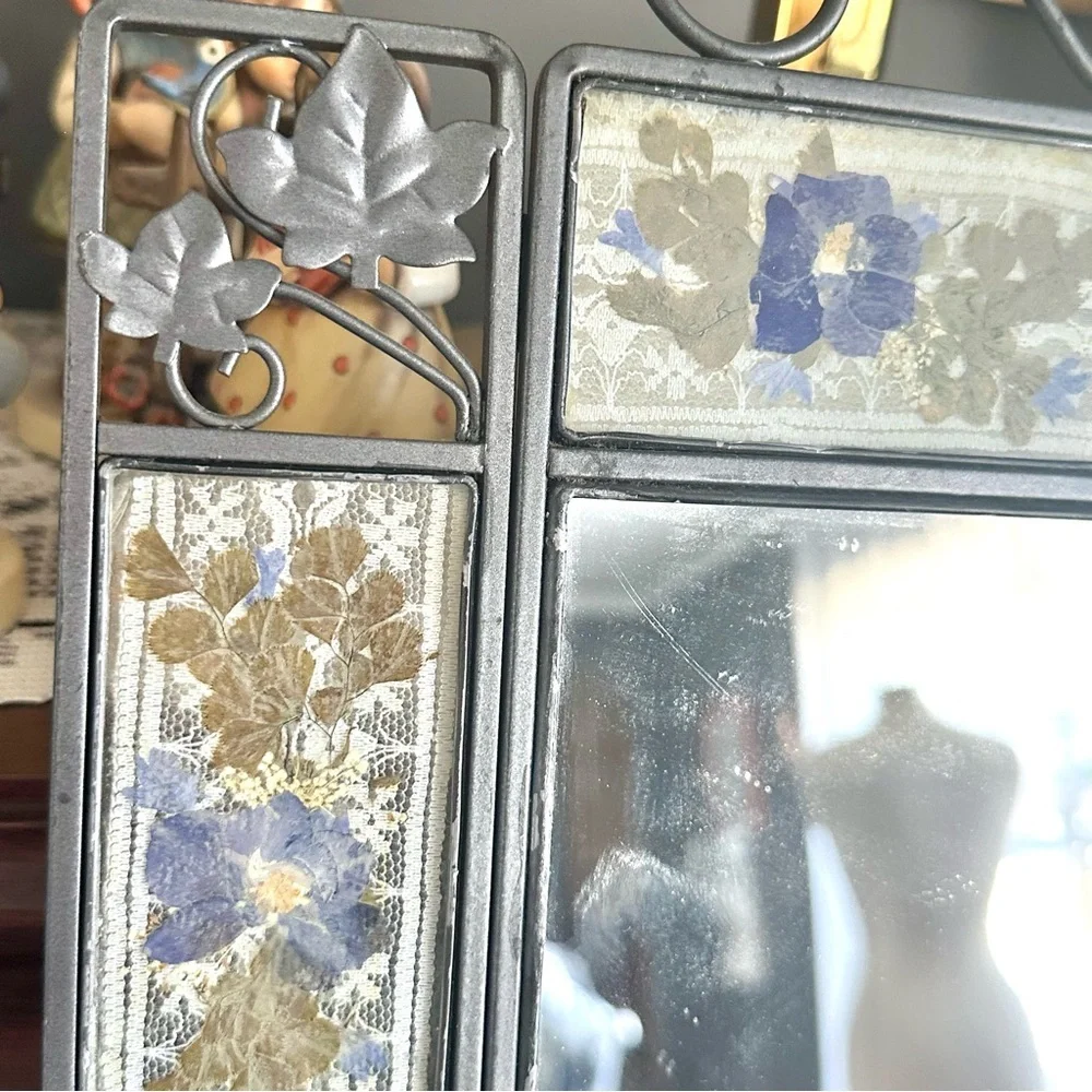 Vintage Silver and Blue Floral Wall Mirror